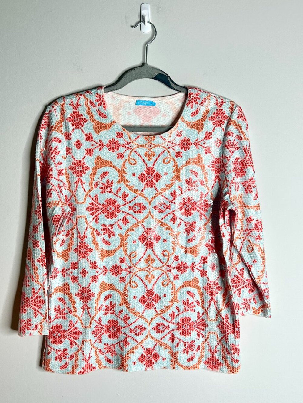J. McLaughlin Fully Sequined Modal Preppy Colorful Blouse 3/4 Sleeve Career Sz M